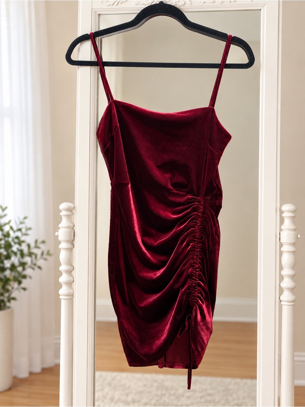 Burgundy Velvet Ruched Mini Dress